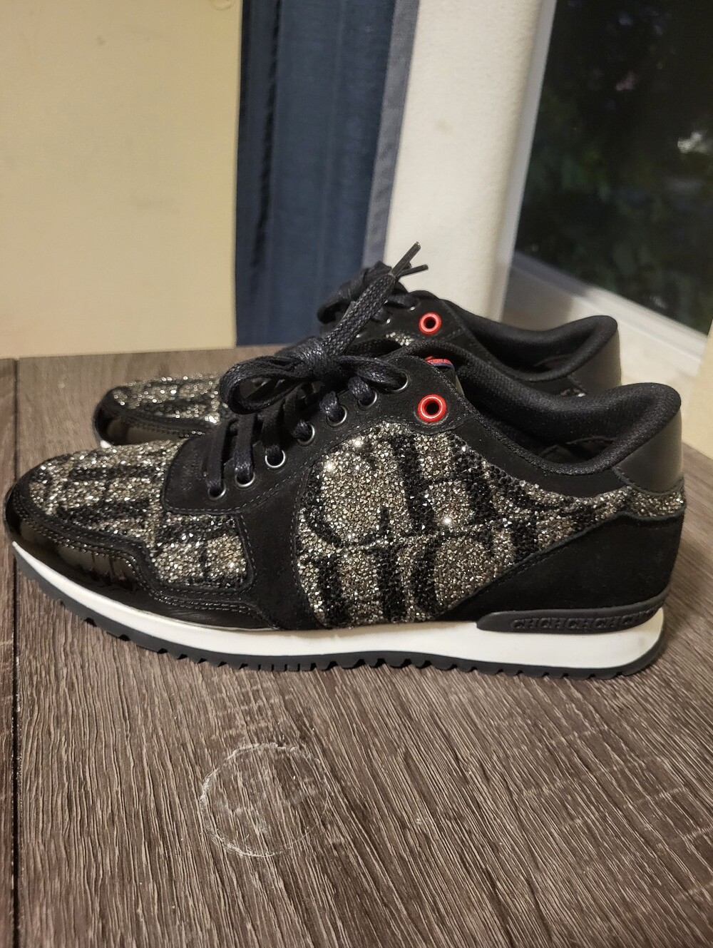 Carolina Herrera Ch Black and Silver Glitter Lace-Up Sneakers